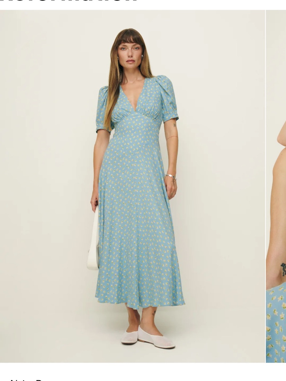 Reformation Sky Blue V-Neck Midi Dress with Yellow Floral Print